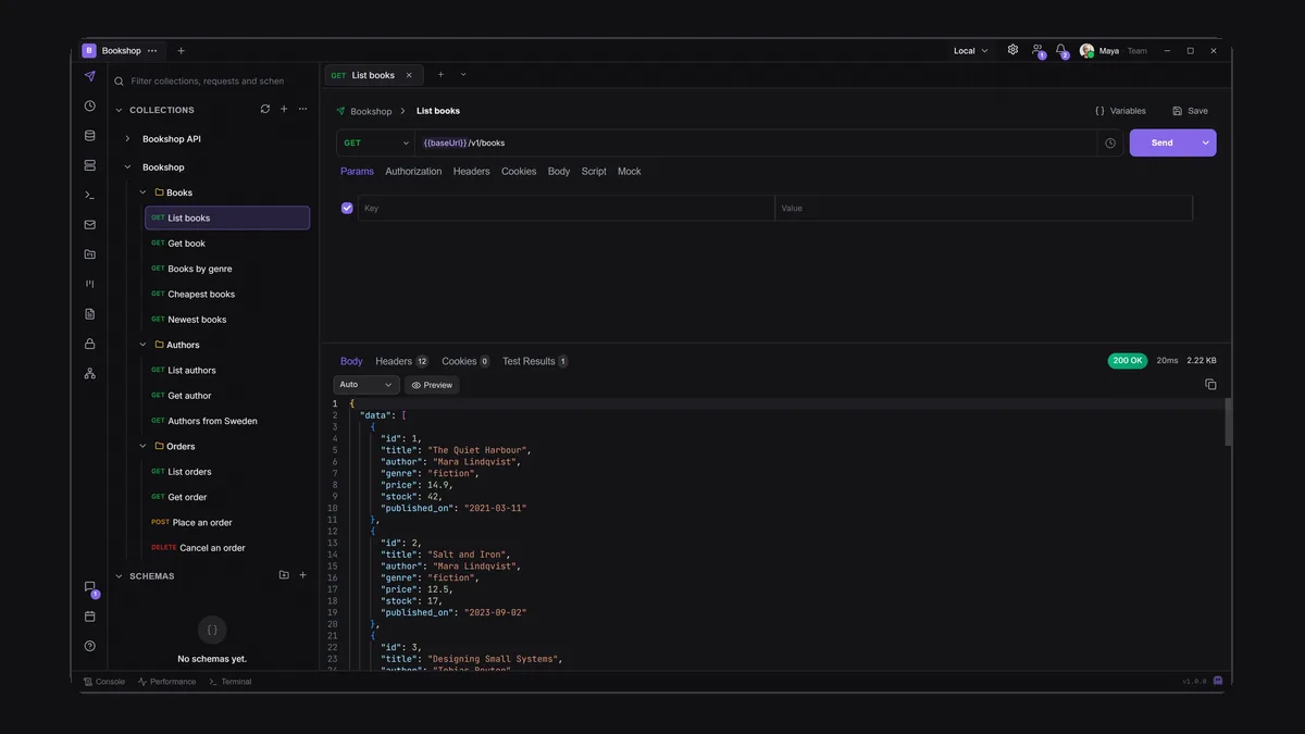 The Apiboo main window: the tool rail on the left, the Bookshop collection in the sidebar and a request with its JSON response