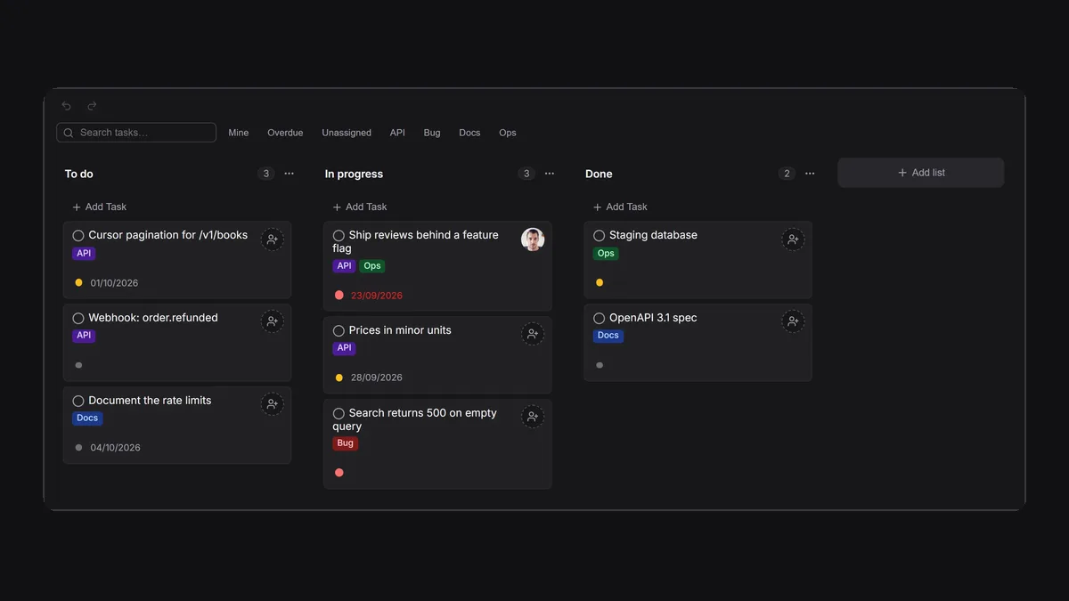 An Apiboo board in Kanban view with To do, In progress and Done lists, label chips, due dates and an assignee