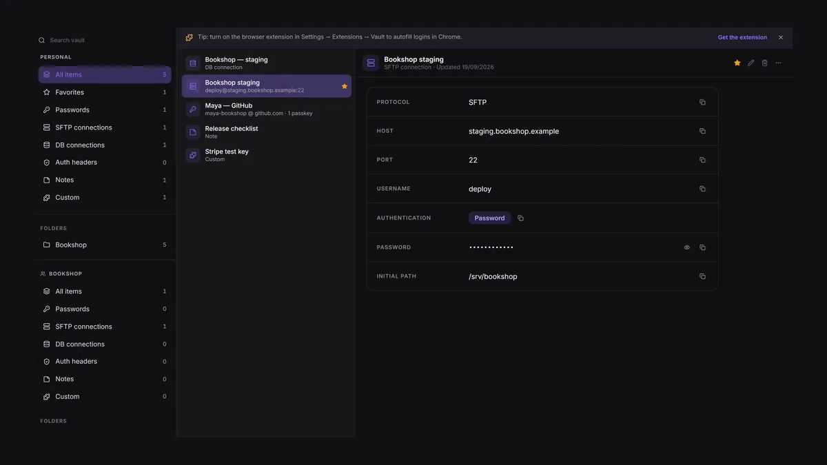 The Apiboo Vault listing a database connection, an SFTP connection, a GitHub login and a note, with the password hidden