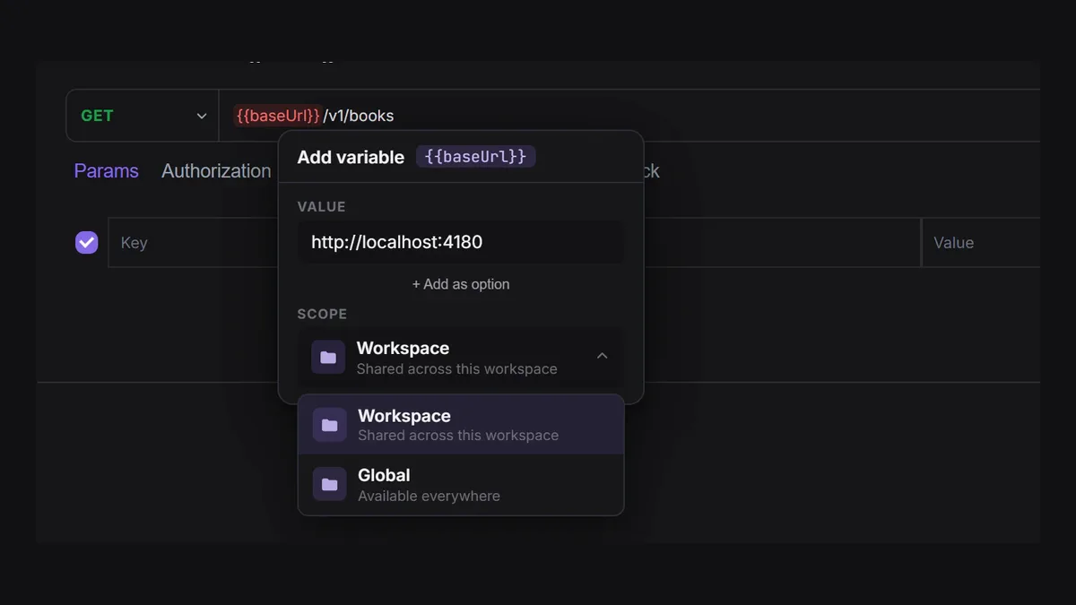 Adding the {{baseUrl}} variable from a request URL in Apiboo, with the workspace and global scopes