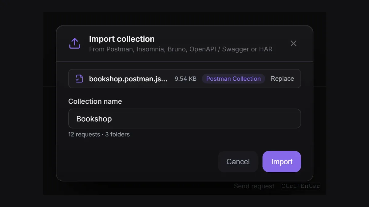 Apiboos Dialog „Import collection“ mit geladener Postman-Collection-Datei