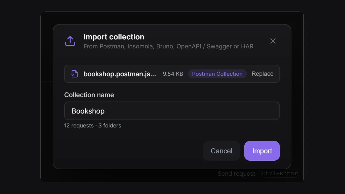 Apiboo’s Import collection dialog with a Postman collection of 12 requests in 3 folders, ready to import