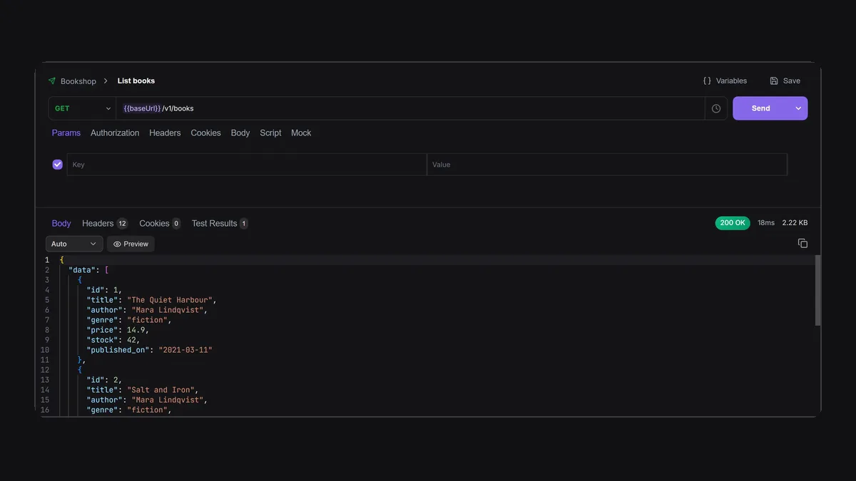 A GET request in Apiboo returning 200 OK with a JSON list of books